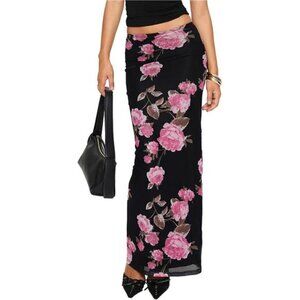 Women's Maxi Skirt Mesh Floral Print Black x Pink